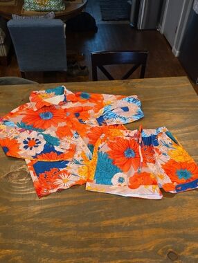Women’s Orange Floral Drawstring Bermuda Shorts With Ls Button Down Top Set